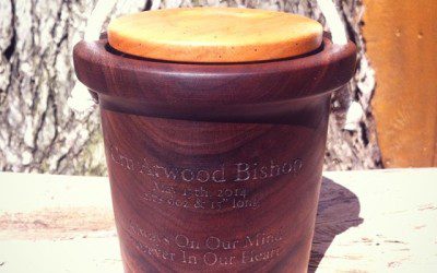 Another sand pail infant urn.  Super dramatic black walnut on this one.  The lid, once pushed down has no handle to pull it back  out.  This sealing off of the remains is for closure literally and figuratively