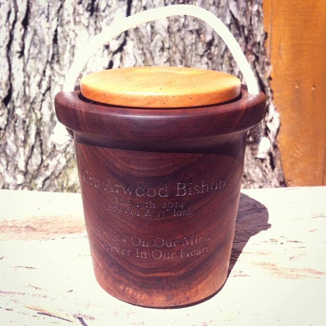 Another sand pail infant urn. Super dramatic black walnut on this one. The lid, once pushed down has no handle to pull it back out. This sealing off of the remains is for closure literally and figuratively
