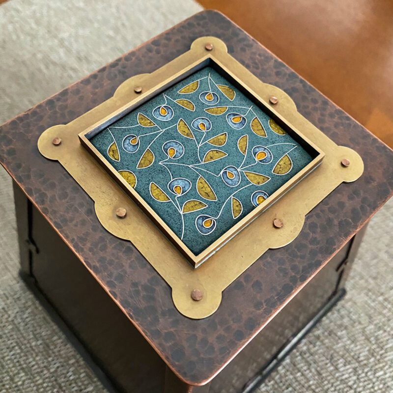 Leaves - Enameled Copper Midsize Cremation Urn - Lifestyle Closeup